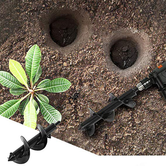 Gardening spiral drill bit tool with holes in soil and a plant on a white background