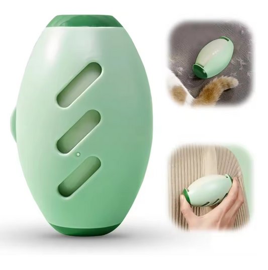Green portable pet hair roller with insets showing its use on clothes and fabric.