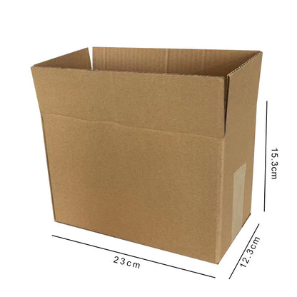 Brown cardboard box with dimensions on a white background