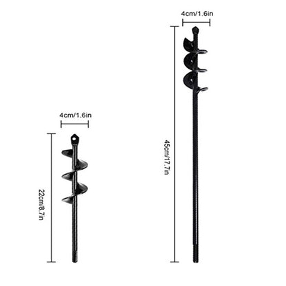 Black gardening spiral drill bits with measurements on a white background