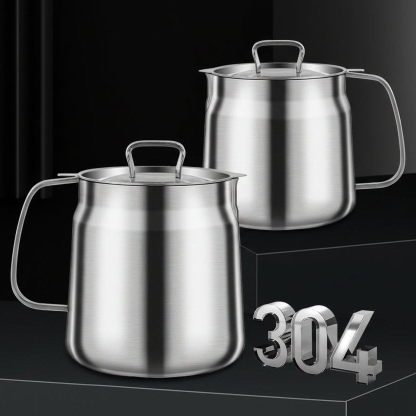 Two stainless steel pots with lids on a black background, featuring the number 304.