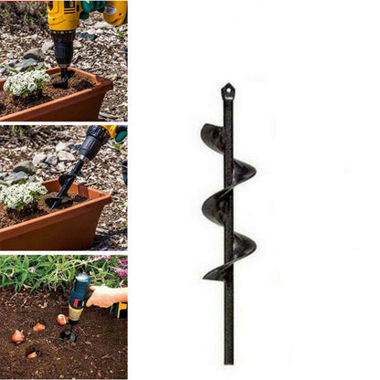 Garden drill bit being used to dig holes in a garden bed with plants.