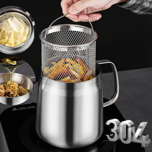 Stainless steel oil filter with fried food and oil on a black background