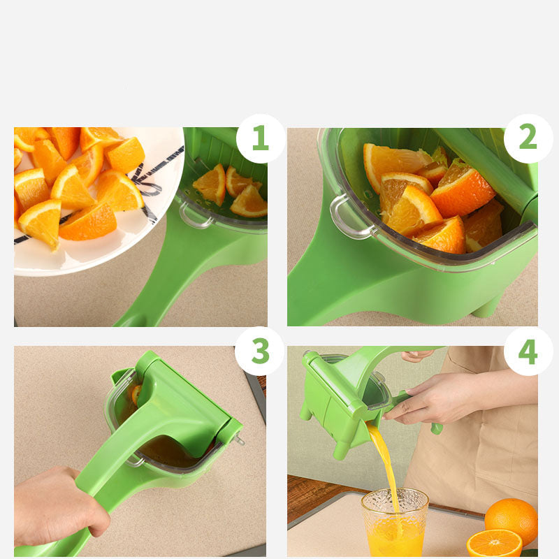 Step-by-step guide on using a green manual juicer to make orange juice.