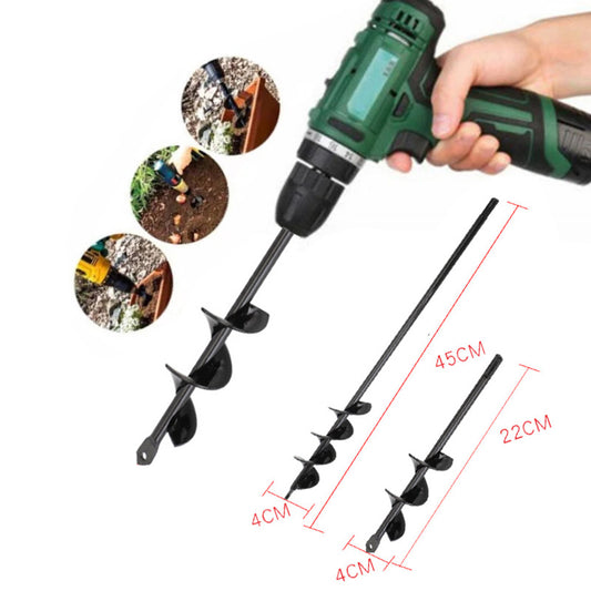 Electric drill with garden spiral drill bits and measurements on a white background