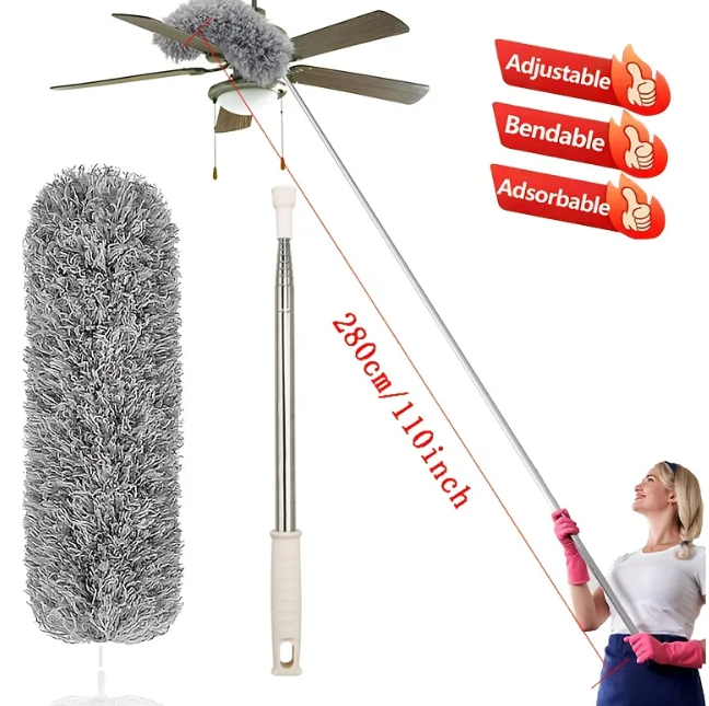 Cleaning tool with adjustable and bendable features, including a long handle and fluffy attachment, on a white background.