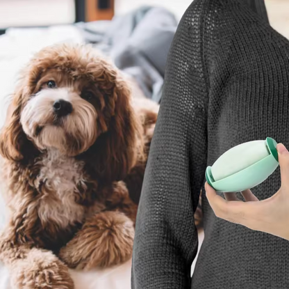 A person holding a green portable pet hair roller device next to a brown dog indoors.